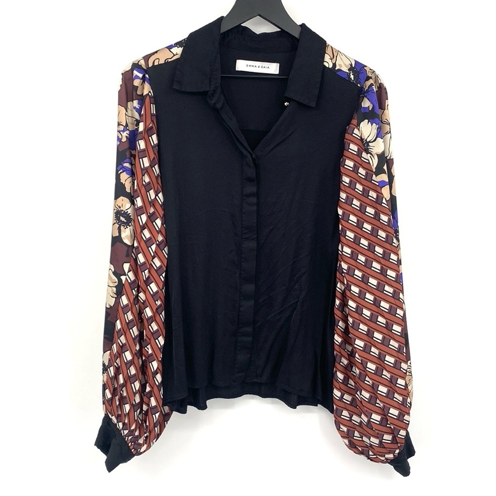 Emma & Gaia Blouse Womens 10 46 Top Black Patchwork Balloon Sleeve Boho Collared